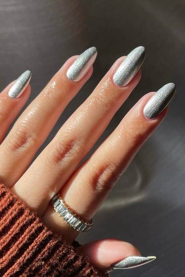 Shimmery Silver Almond Nails