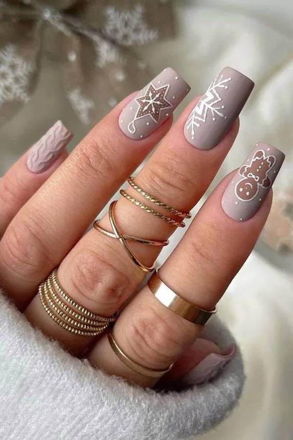 Matte Taupe Nails with White Winter Art