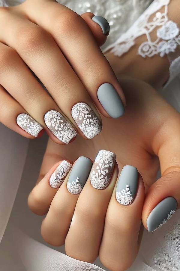Grey Matte and Lace Accent Nails