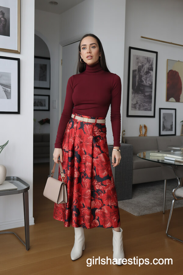 Burgundy Turtleneck and Red Floral Skirt Combo