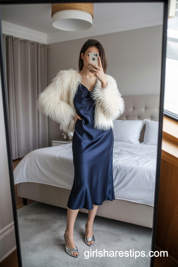 Navy Slip Dress with Cropped White Faux Fur Jacket
