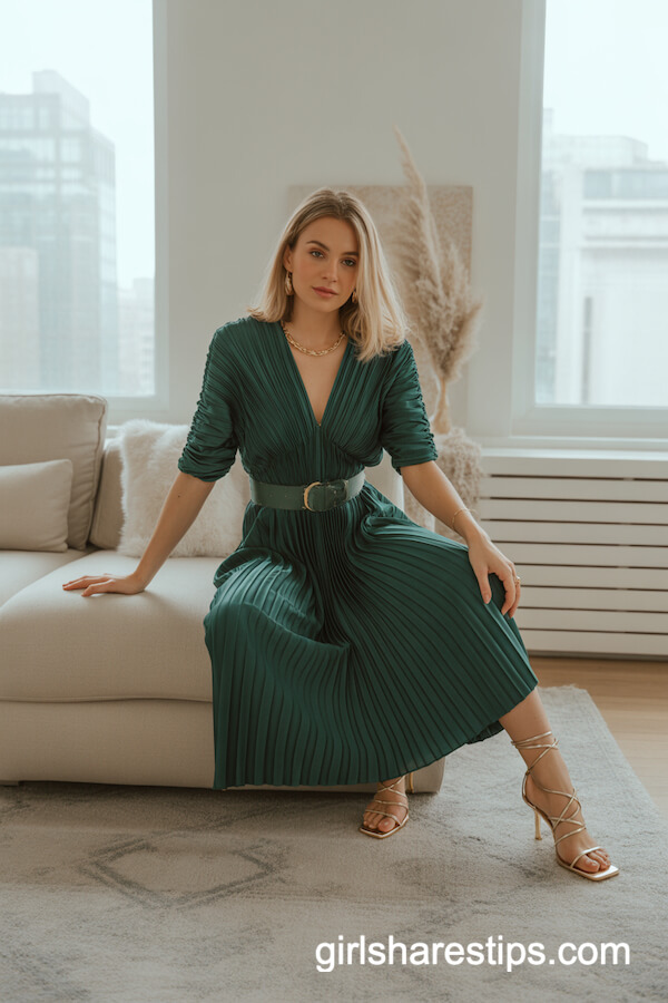 Emerald Green Pleated Dress with Cinched Waist