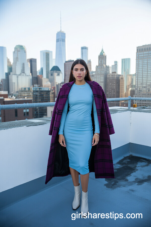 Powder Blue Midi Dress and Deep Purple Plaid Coat