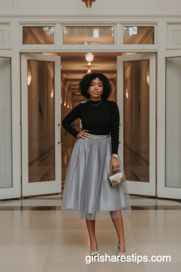 Silver Tulle Midi Skirt with Fitted Black Sweater
