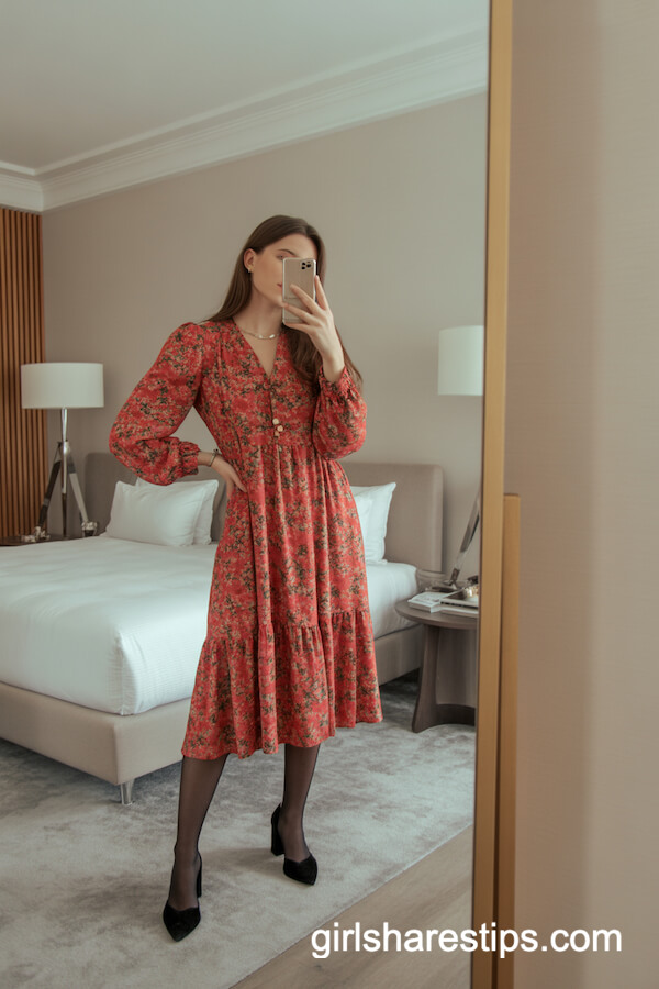 Bright Floral Midi Dress with Velvet Block Heels