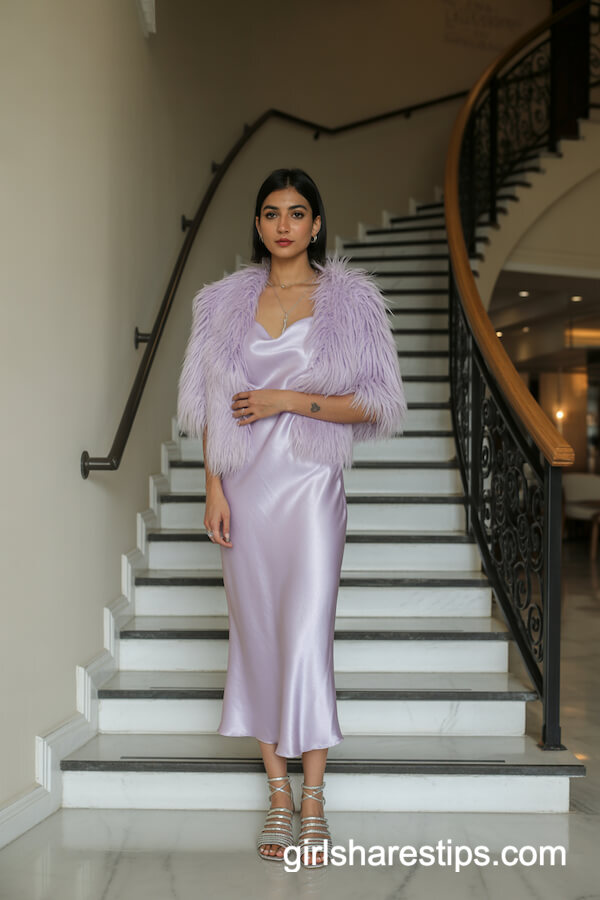 Pastel Lilac Satin Slip Dress with Faux Fur Shawl