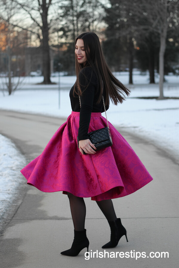 Fuchsia Brocade Midi Skirt with Black Top and Ankle Boots