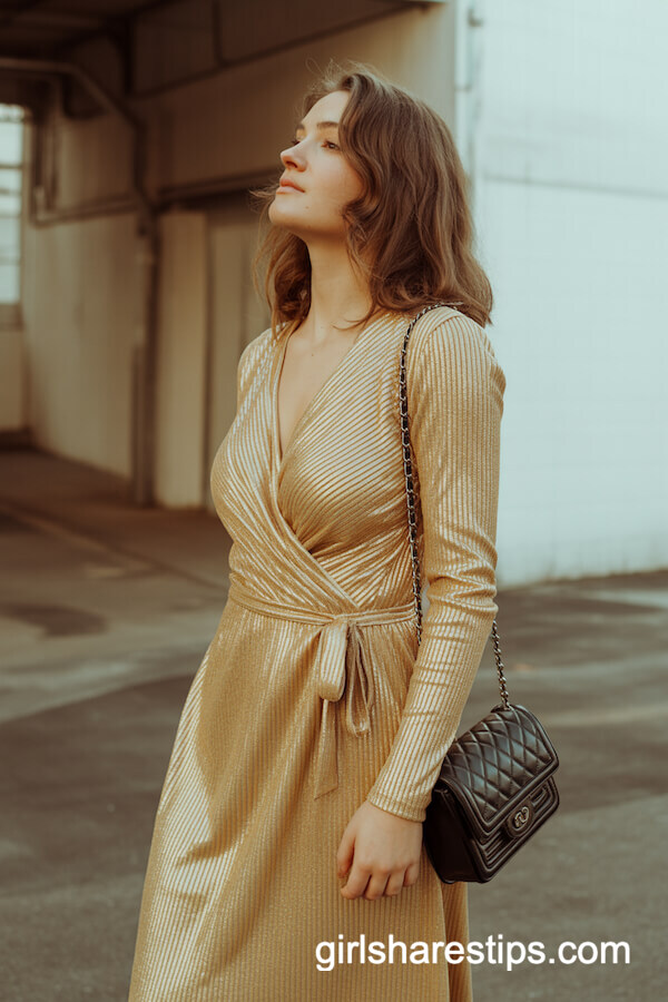 Shimmering Gold Wrap Dress with Ribbed Texture