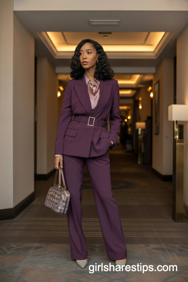 Plum Tailored Pantsuit with Silk Blouse