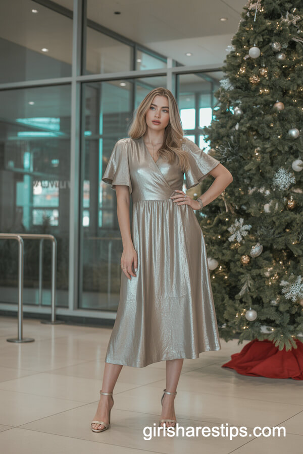 Metallic Silver Midi Dress with Flutter Sleeves