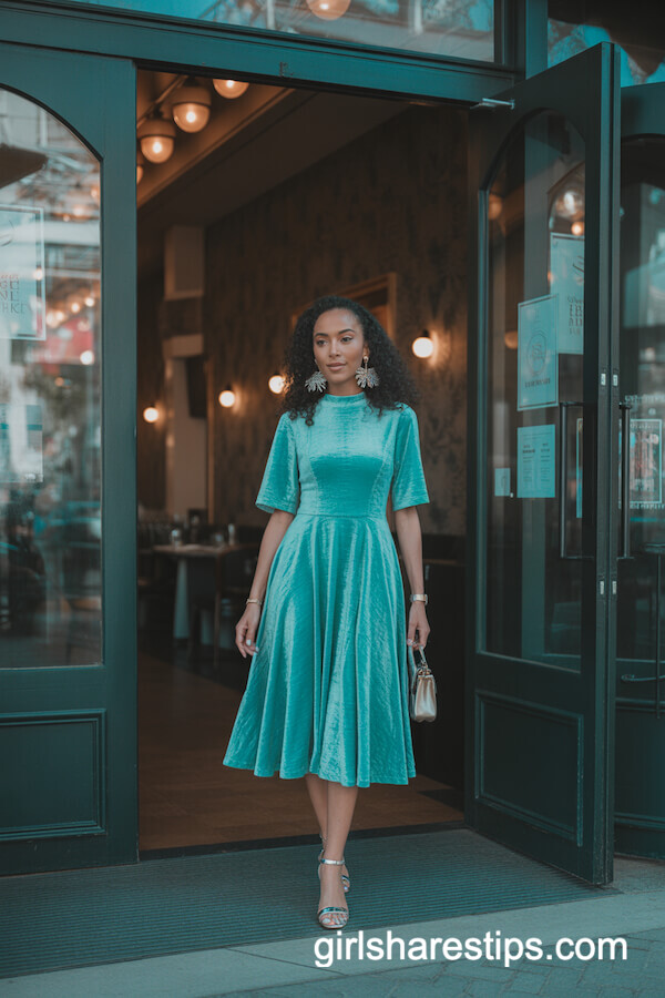 Teal Velvet A-Line Dress with Statement Earrings