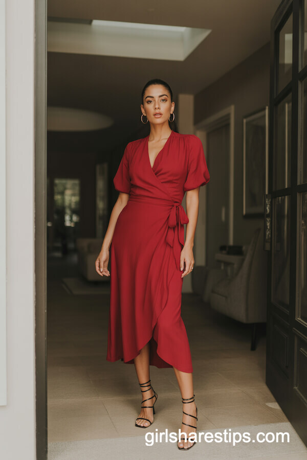Red Wrap Midi Dress with Strappy Black Heels