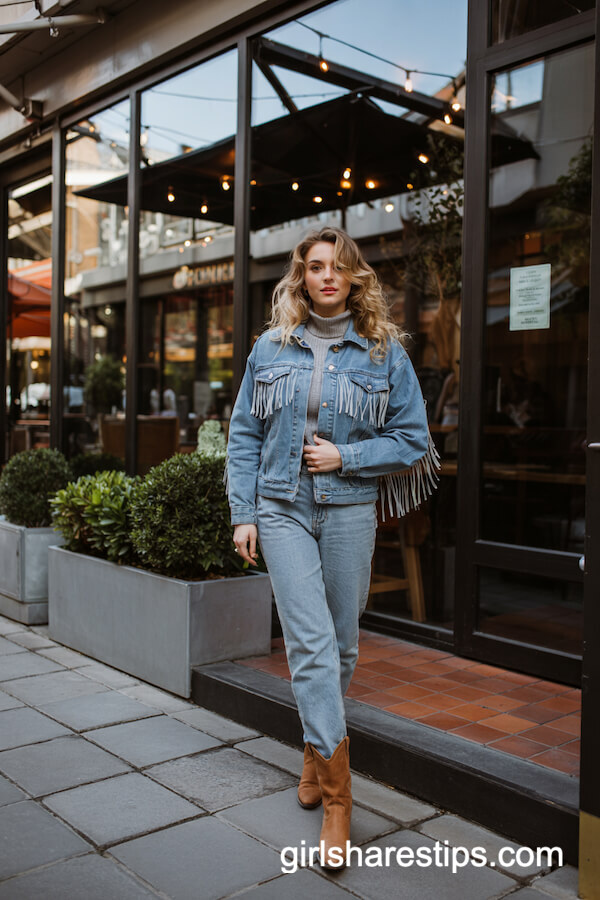Denim Fringe Jacket & Turtleneck Look