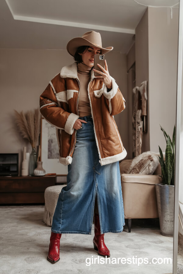 Shearling Jacket & Maxi Jean Skirt