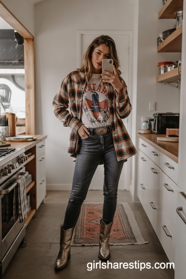 Plaid Shirt & Metallic Boots Pairing