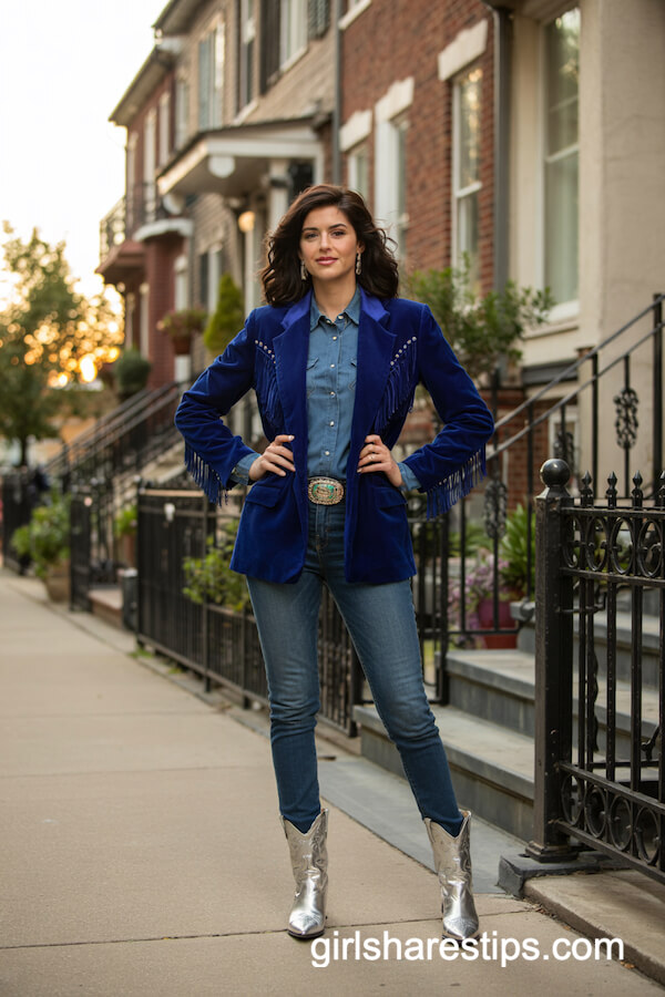 Blue Velvet Blazer with Turquoise Belt
