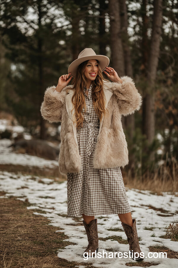 Faux Fur Jacket & Gingham Dress