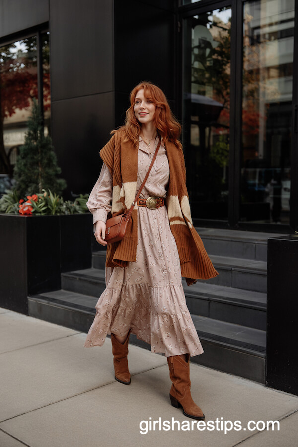 Floral Dress with Knit Scarf & Boots