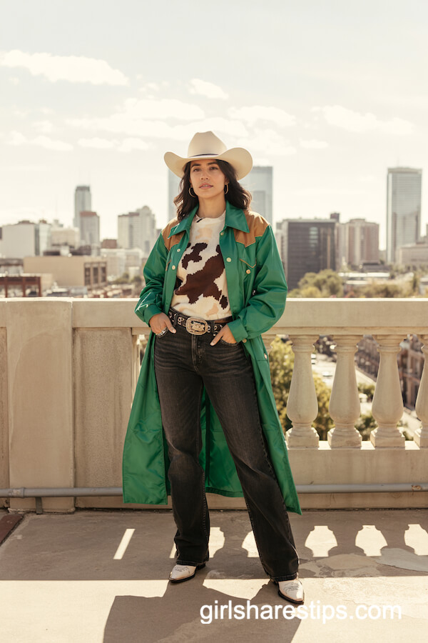 Emerald Duster & Cow Print Knit