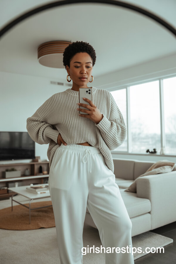 High-Waisted White Pants with Cozy Knit Sweater