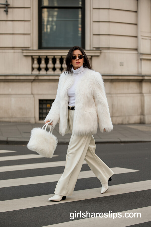 All-White Ensemble with Faux Fur Coat and Boots