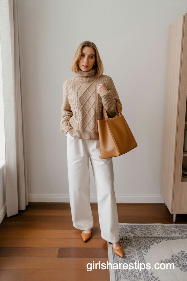 Cable-Knit Sweater with White Wide-Leg Trousers