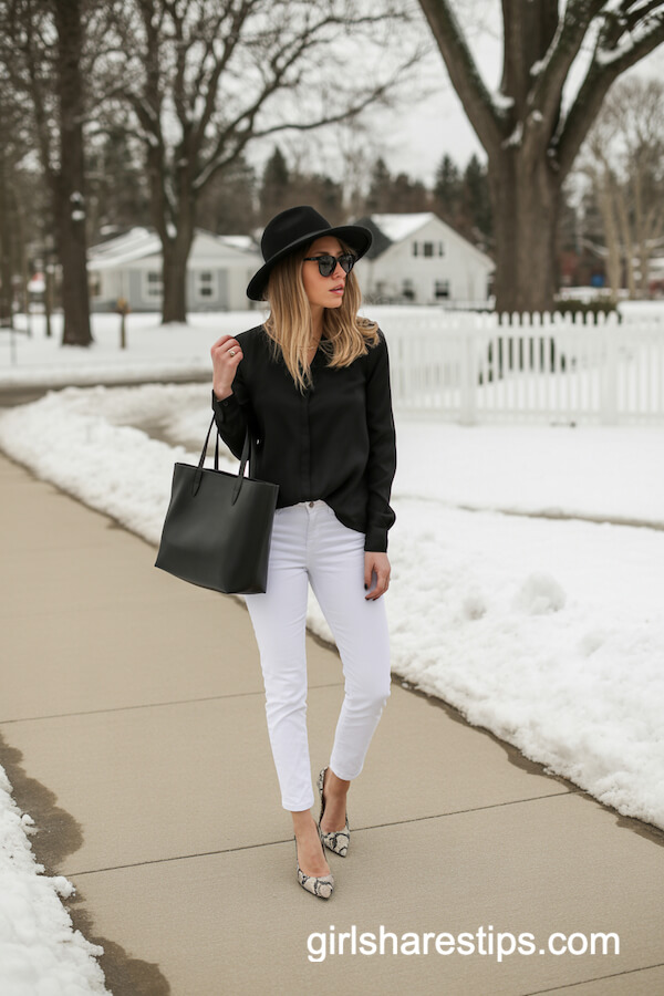 Black and White Winter Look with Fitted Jeans