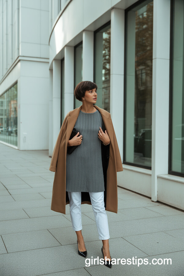 Gray Ribbed Dress Over White Ankle Pants