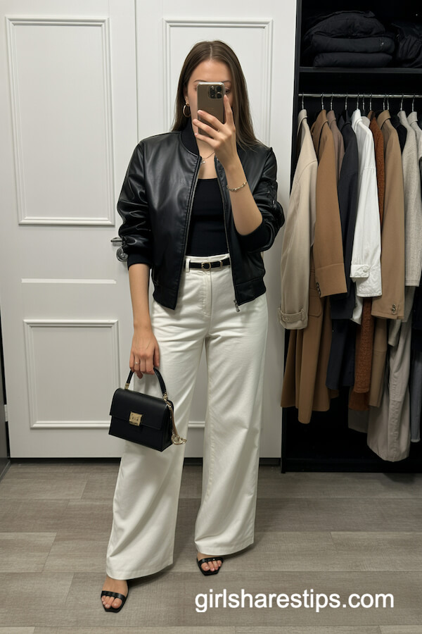 Leather Bomber with High-Waisted White Wide-Legs