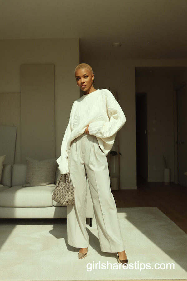 White Trousers with Oversized Knit and Heels