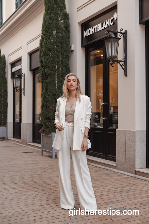 White Blazer with Wide-Leg Trousers and Shimmer