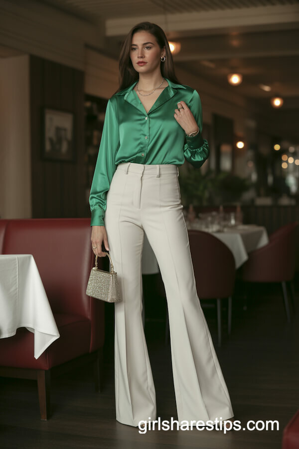 Flared White Trousers with Silk Green Blouse