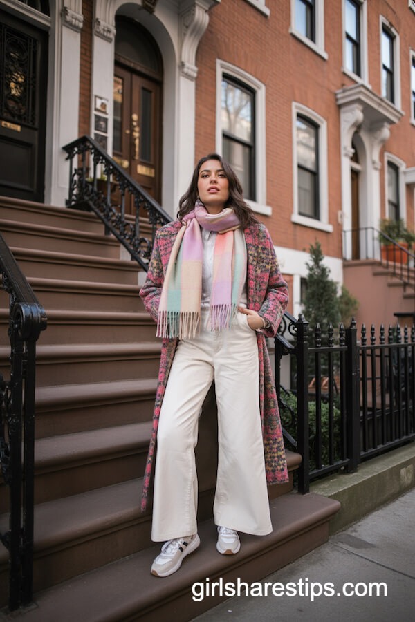 Wide-Leg White Pants with Colorful Statement Coat
