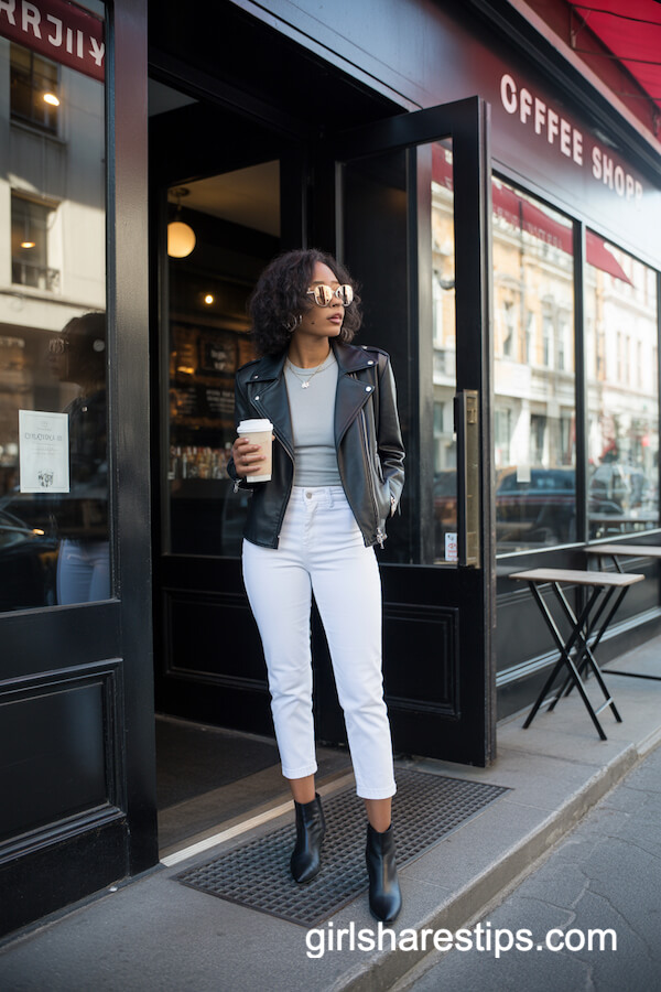 Cropped White Pants with Leather Biker Jacket
