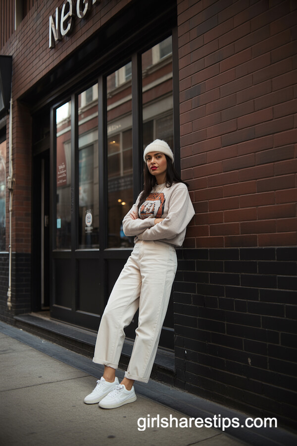 Straight-Leg White Pants with Graphic Sweater