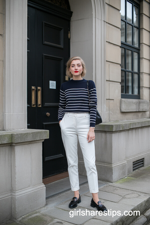 Slim White Trousers and Navy Striped Sweater