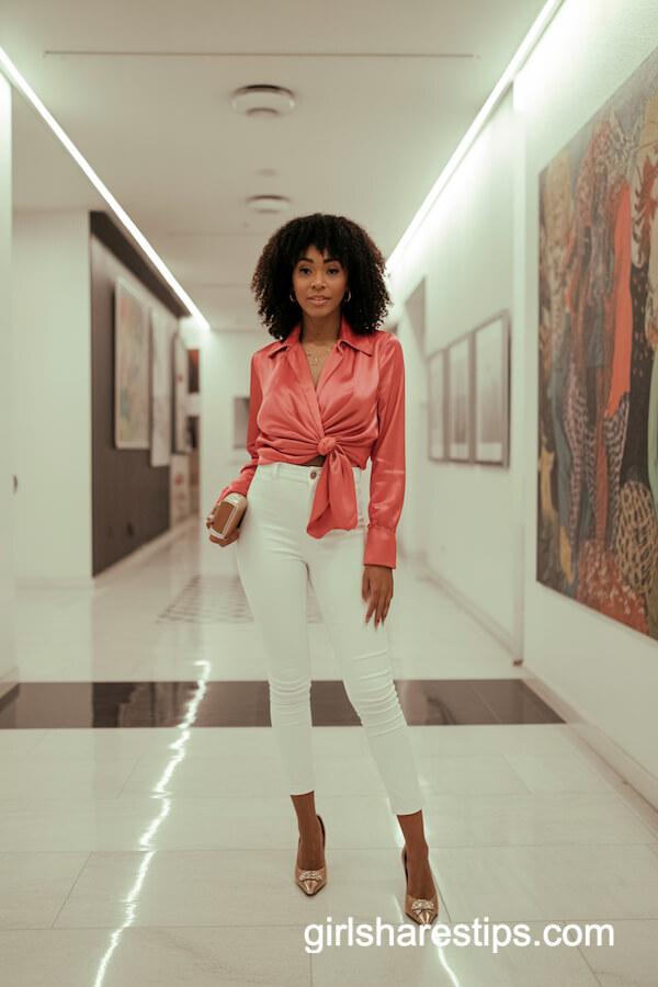 Fitted White Pants with Jewel-Tone Satin Blouse