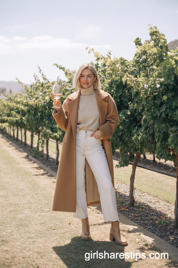 Camel Coat and Cream Turtleneck Chic