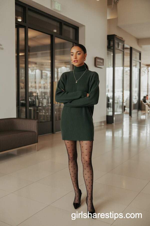 Green Sweater Dress with Patterned Tights