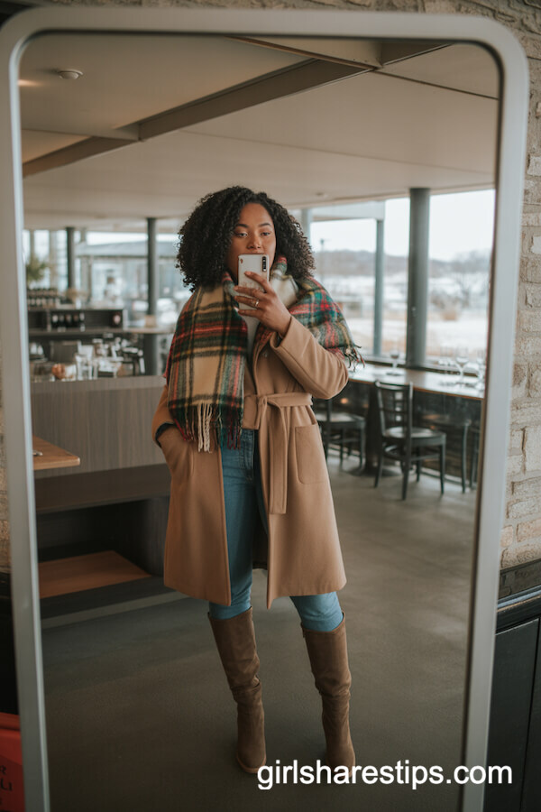 Plaid Scarf and Tan Belted Coat Ensemble