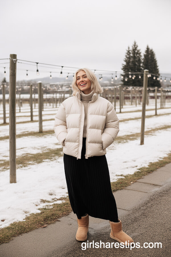 Puffer Jacket and Black Maxi Skirt Warmth