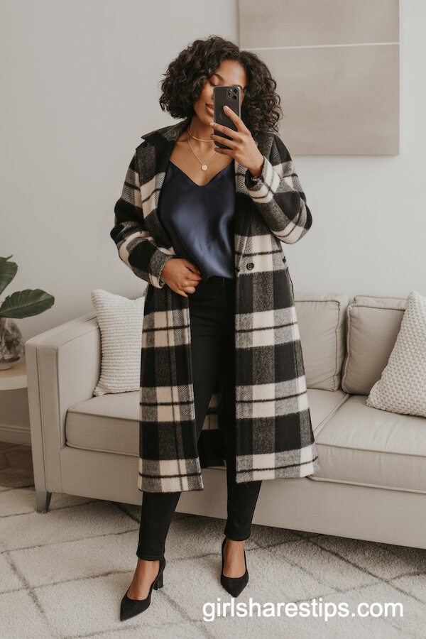 Long Plaid Coat and Silk Camisole Outfit
