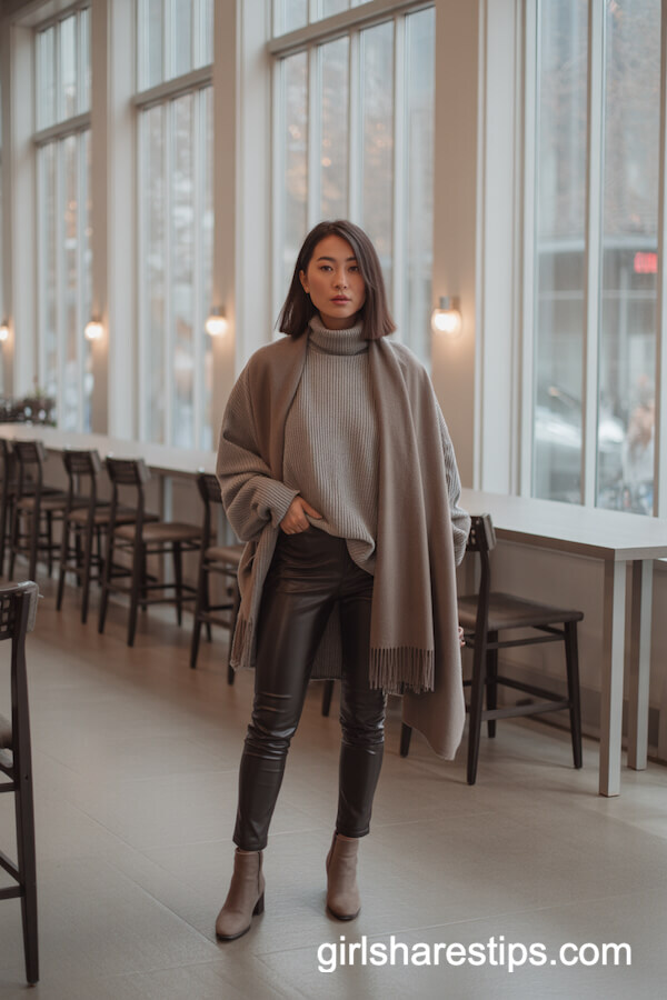 Grey Turtleneck and Leather Pants Look