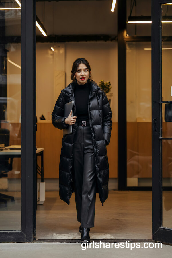 Belted Puffer Coat and Slacks