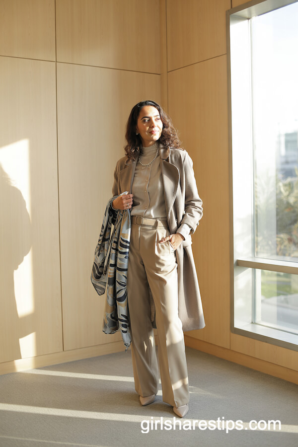 Neutral Trousers with Patterned Scarf
