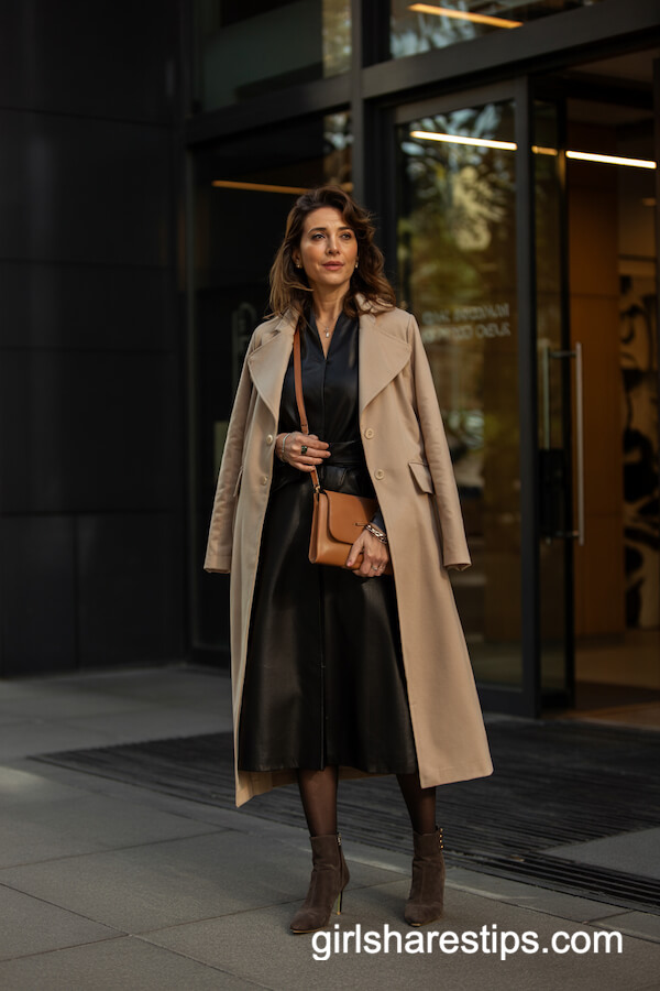 Minimalist Black Dress & Beige Coat