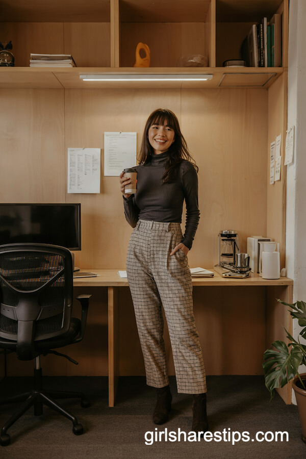 Checked Pants with Charcoal Turtleneck