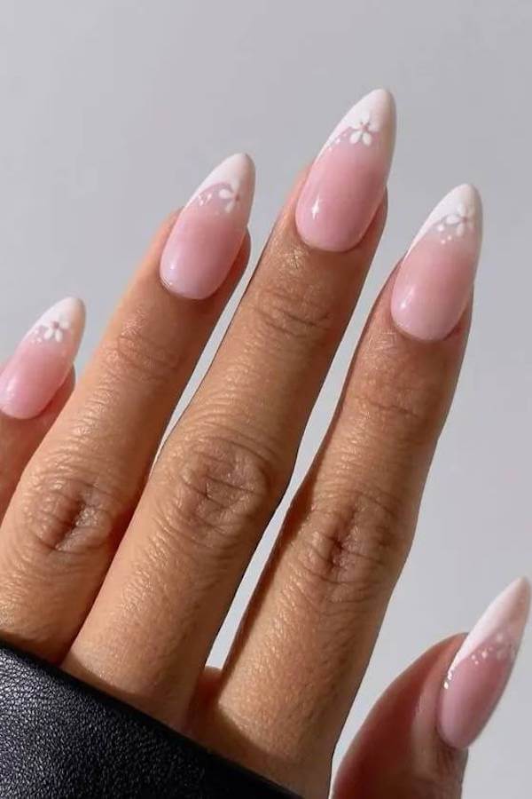 French Tips with Delicate White Floral Art