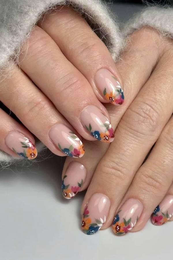 Colorful Floral French Tip Nails