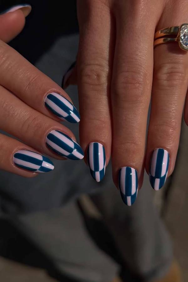 Blue and White Striped Nail Design